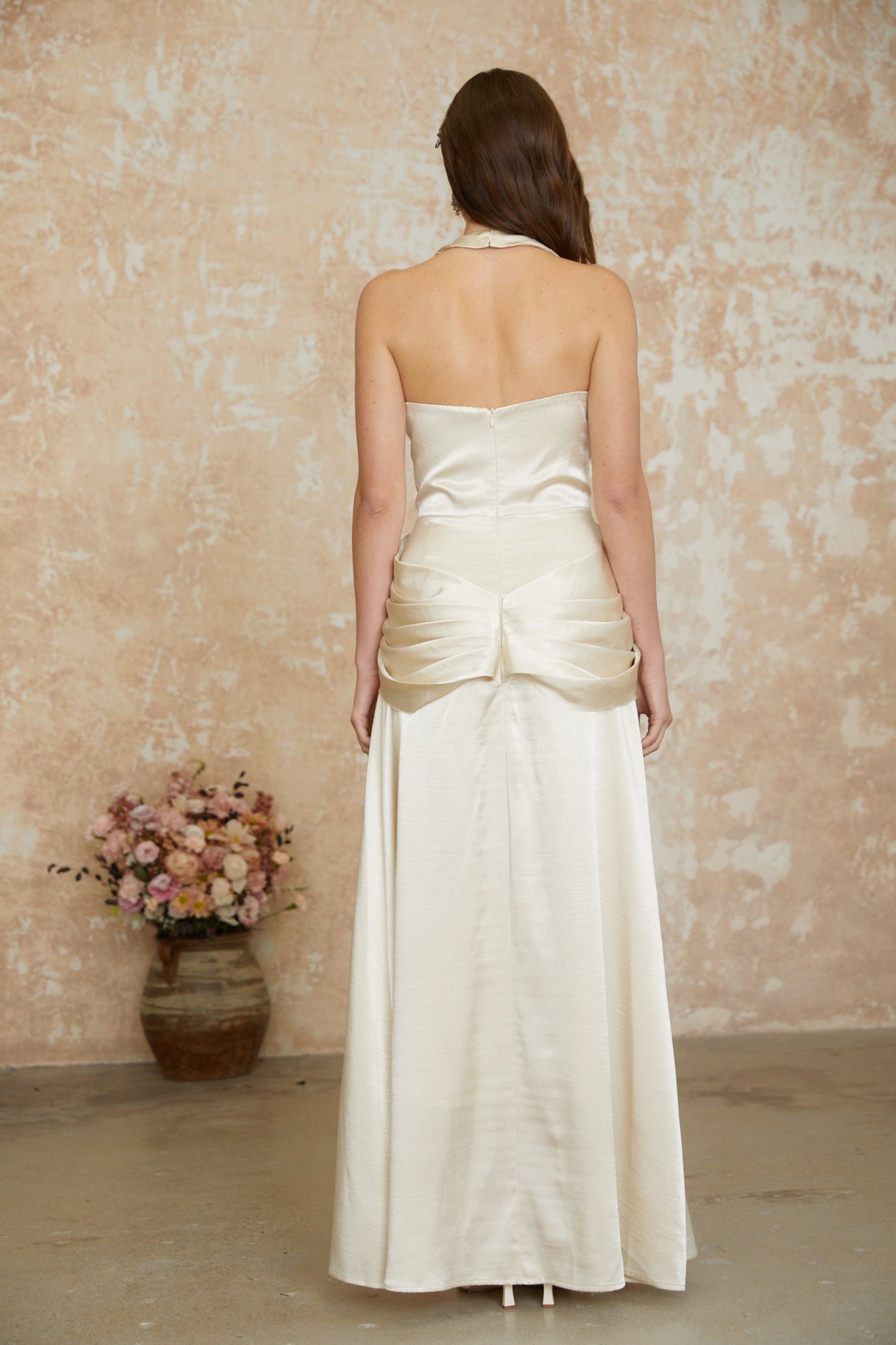 Aurohaya Cathmore Champagne Halterneck Draped Maxi Dress