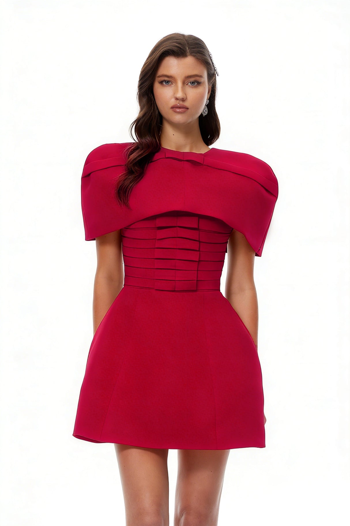 Aurohaya Celía Red Cape Design Flared Mini Dress