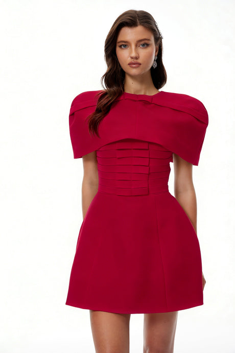 Aurohaya Celía Red Cape Design Flared Mini Dress