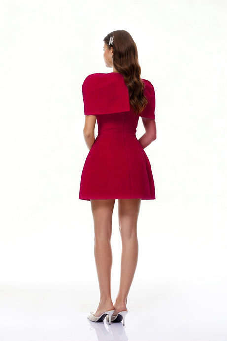 Aurohaya Celía Red Cape Design Flared Mini Dress