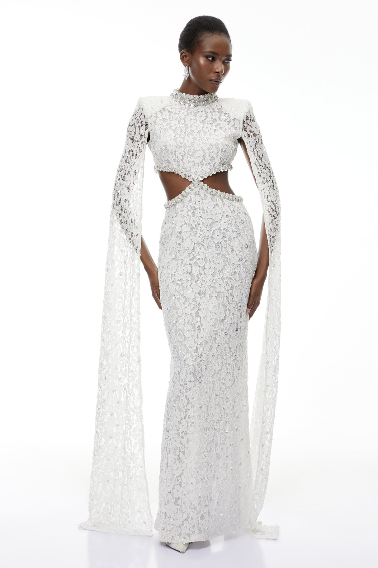 Aurohaya Chakame White Embellished Lace Maxi Dress