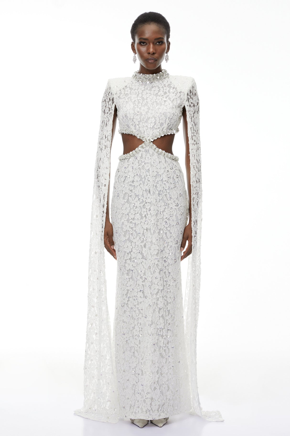 Aurohaya Chakame White Embellished Lace Maxi Dress