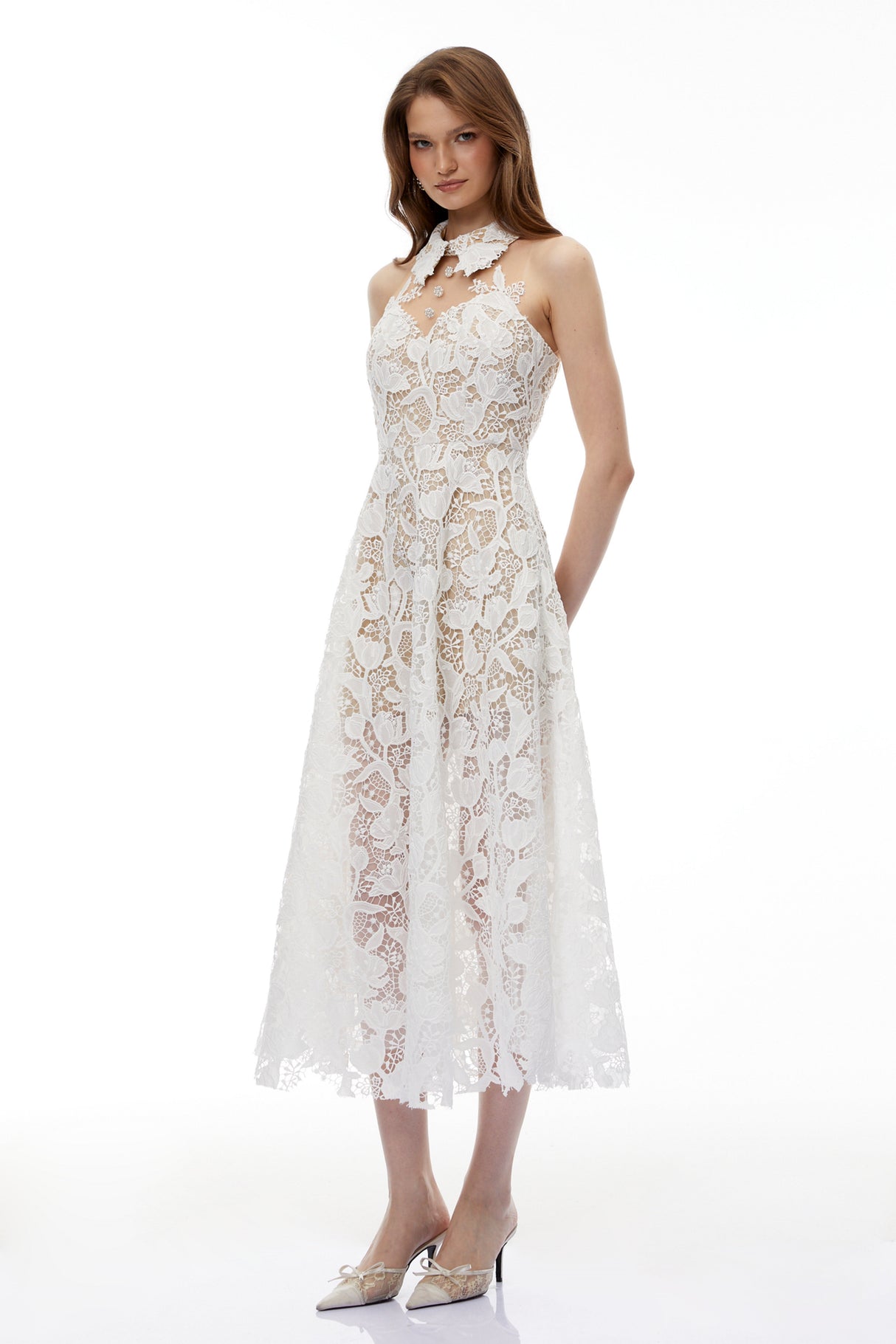 Aurohaya Chakame White Floral Lace Midi Dress