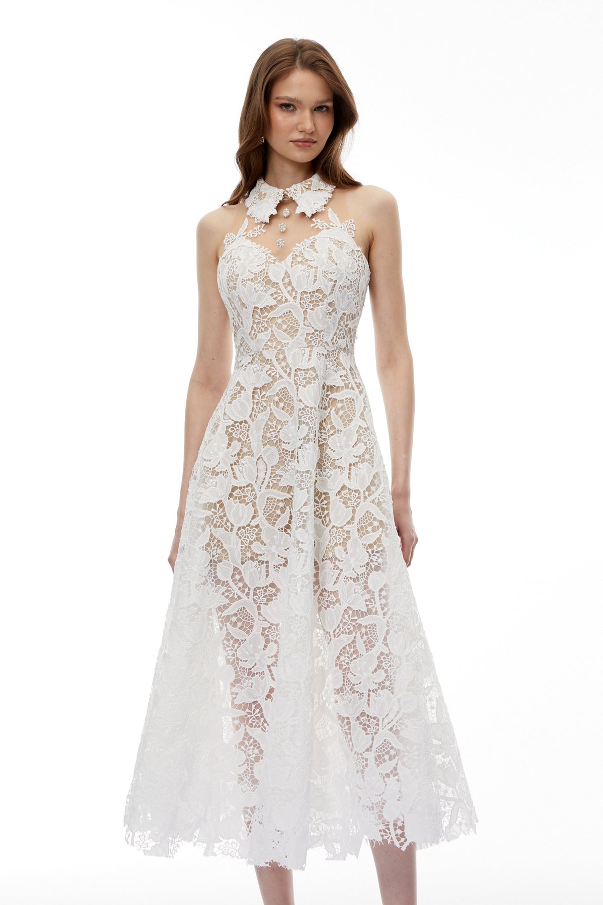 Aurohaya Chakame White Floral Lace Midi Dress