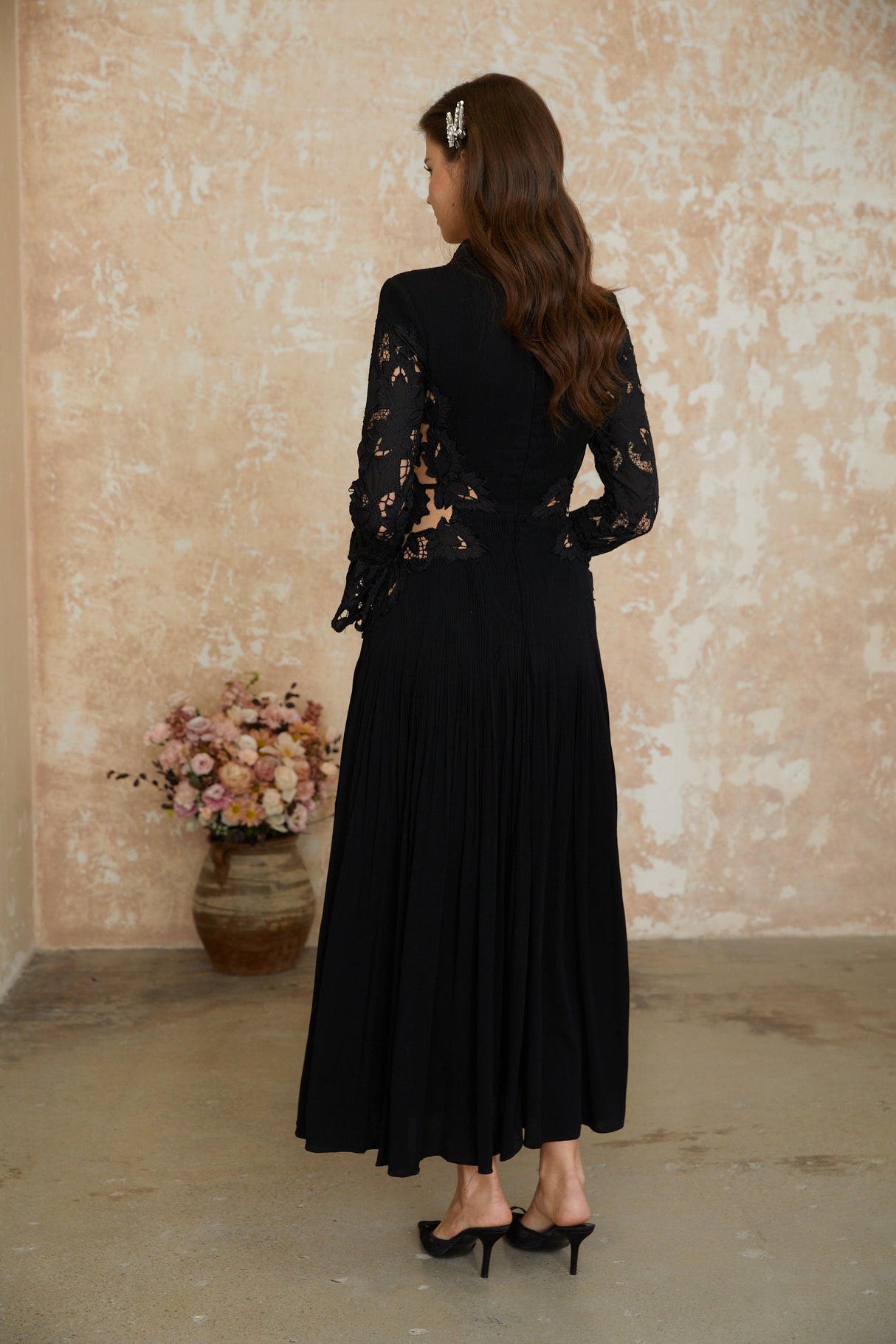 Aurohaya Chiara Black Lace Panel Pleated Midi Dress