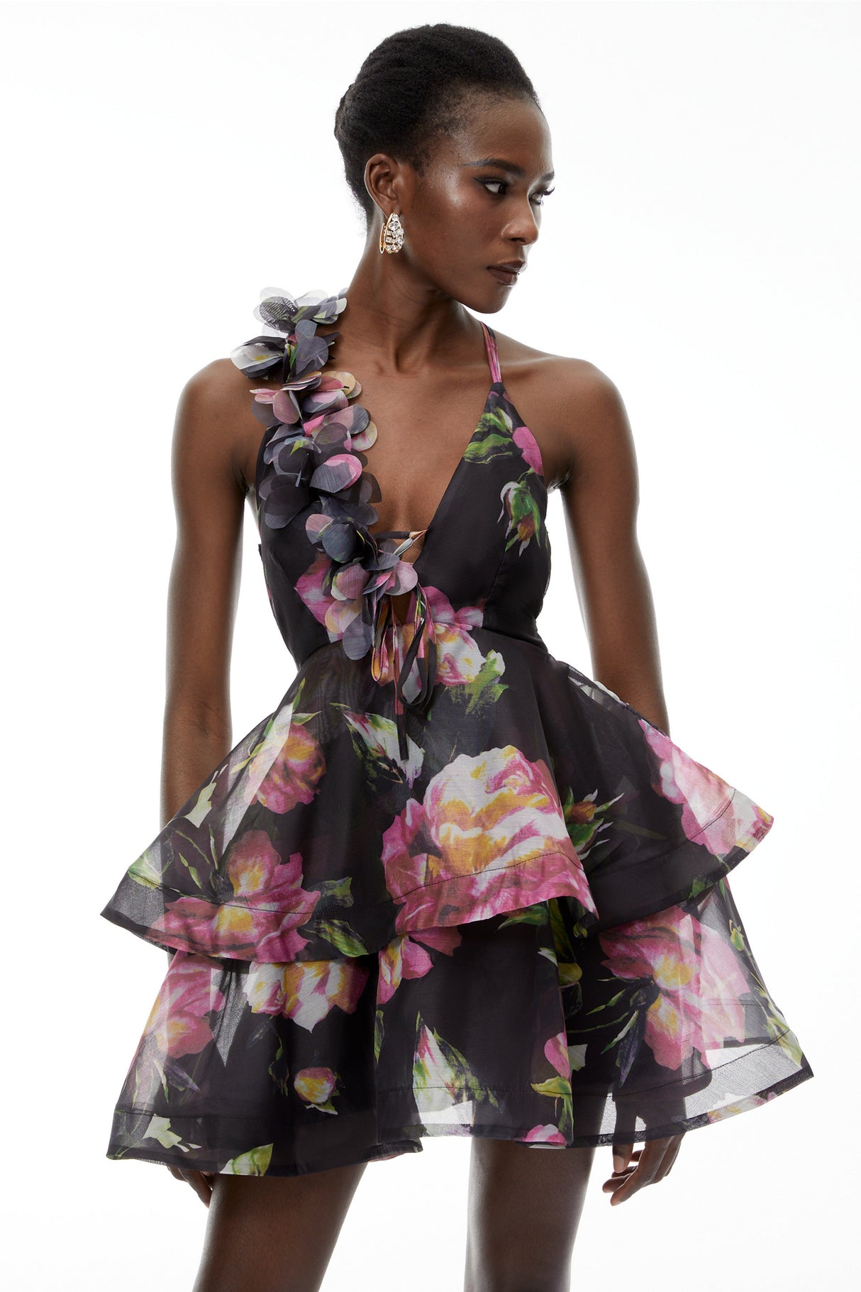 Aurohaya Chione Black Floral Applique Backless Mini Dress