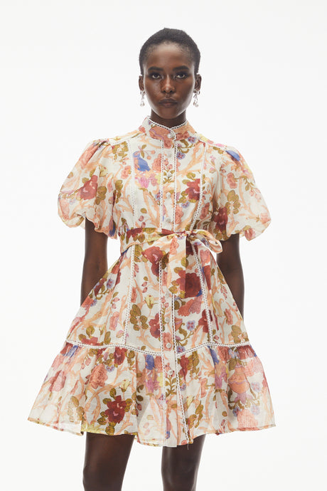 Aurohaya Chione Cream Floral Print Mini Dress with Lace Trim