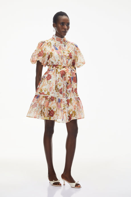 Aurohaya Chione Cream Floral Print Mini Dress with Lace Trim