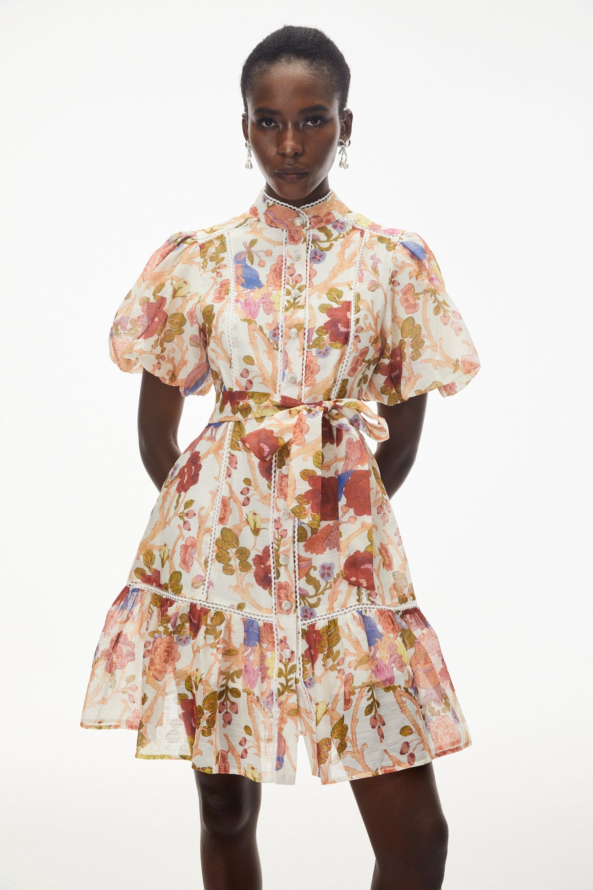 Aurohaya Chione Cream Floral Print Mini Dress with Lace Trim