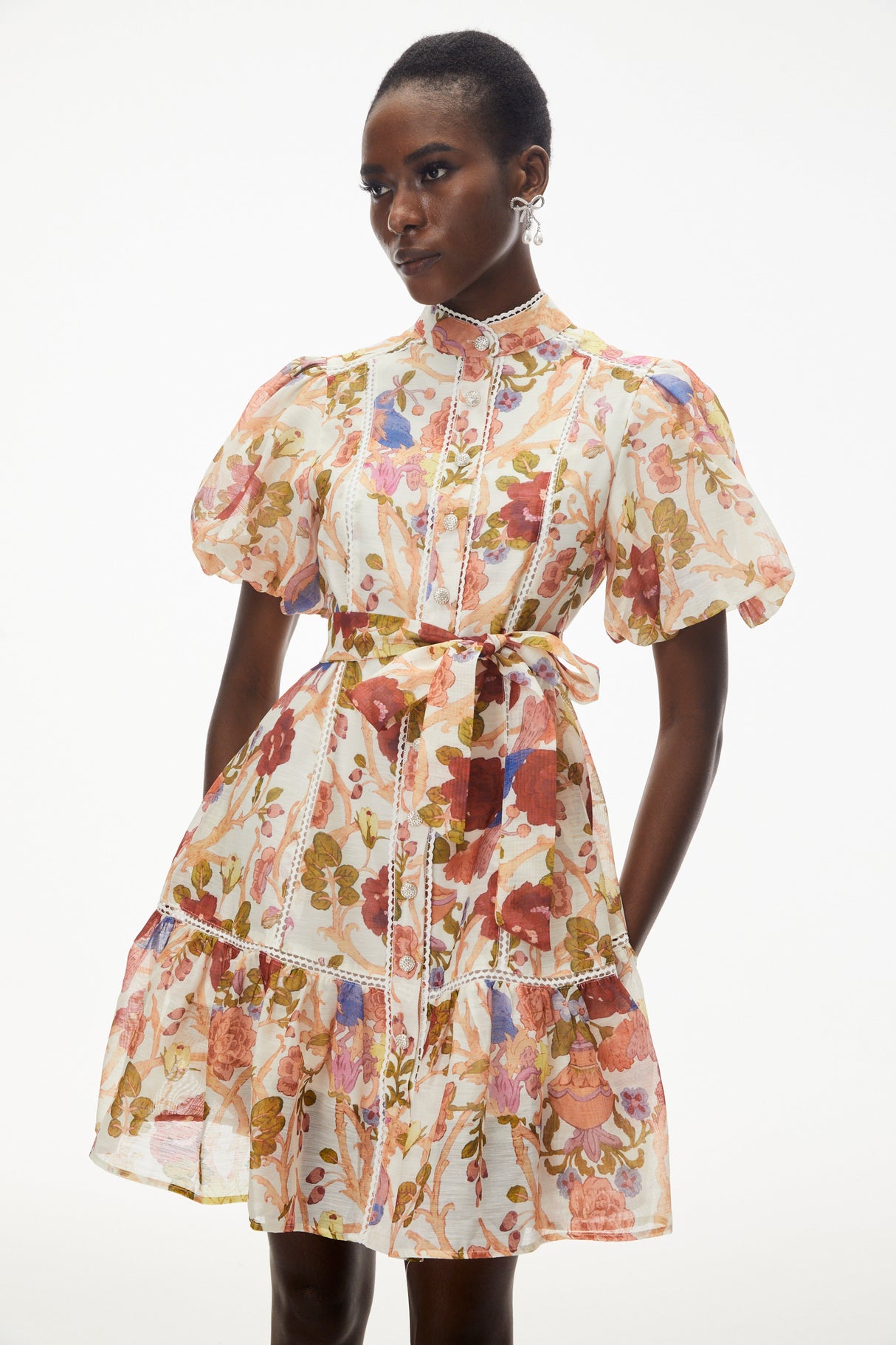 Aurohaya Chione Cream Floral Print Mini Dress with Lace Trim