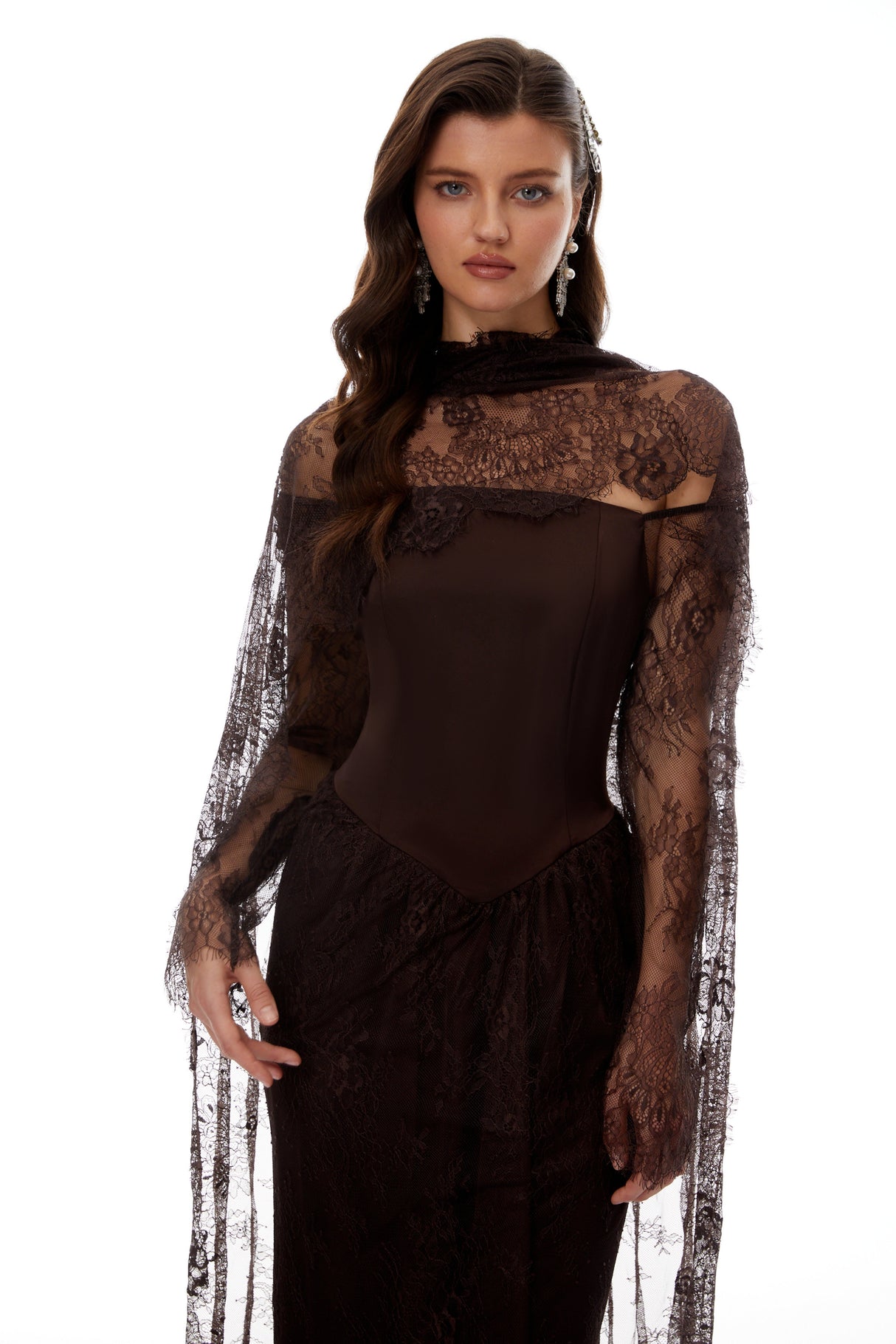 Aurohaya Christa Brown Floral Lace Maxi Dress with Cape