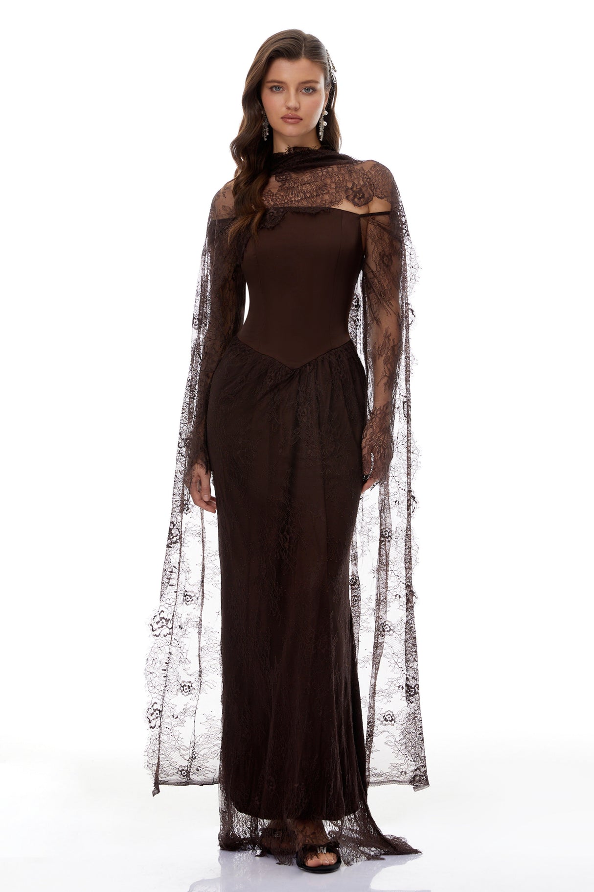 Aurohaya Christa Brown Floral Lace Maxi Dress with Cape