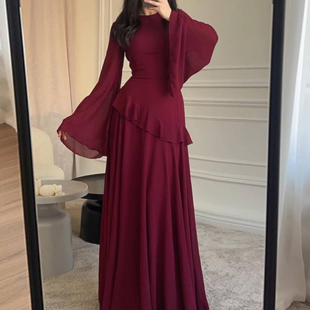 Cinched-Waist Bell‑Sleeve Ruffle Maxi Dress – Aurohaya