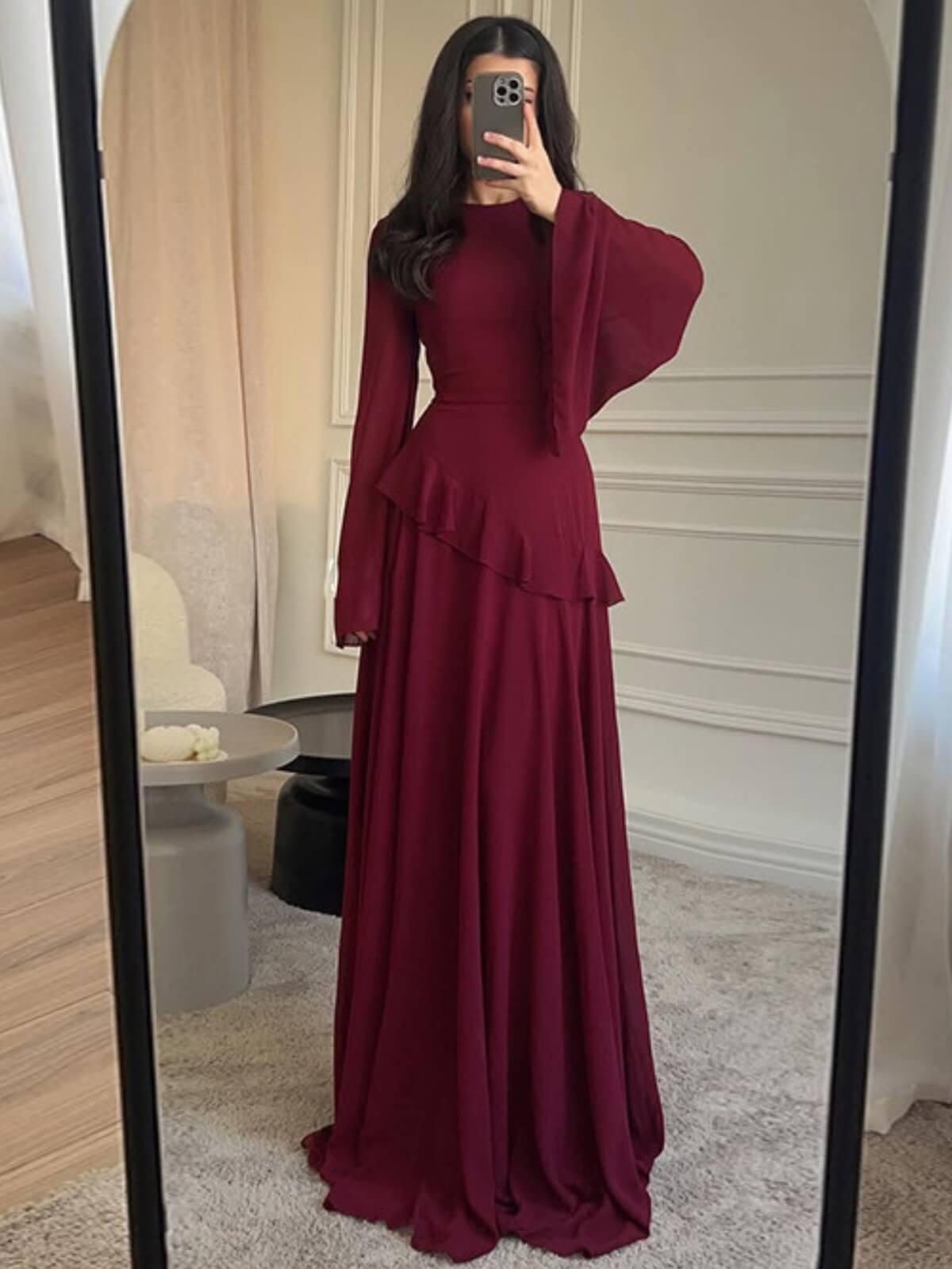 Aurohaya Cinched-Waist Bell‑Sleeve Ruffle Maxi Dress