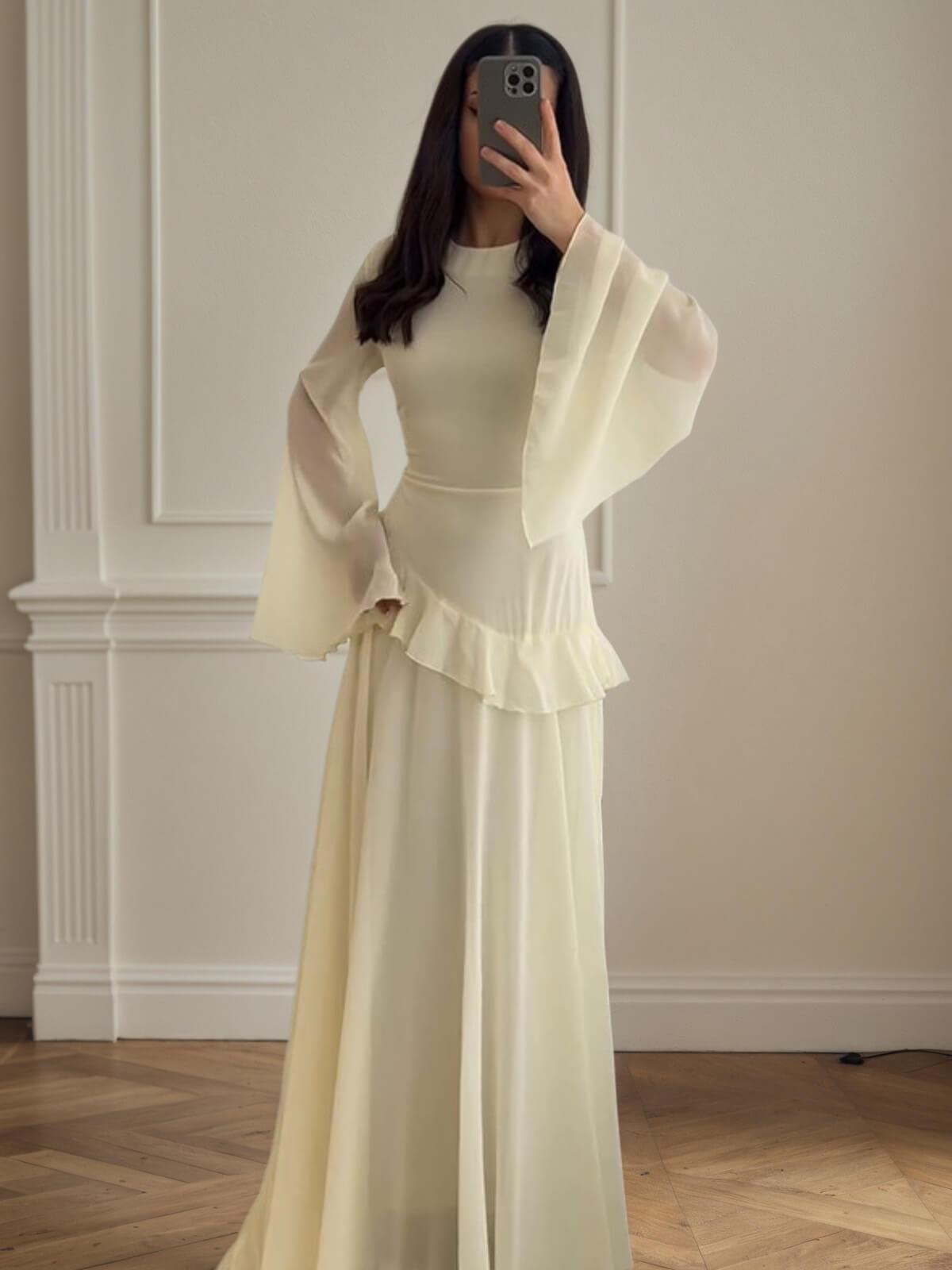 Aurohaya Cinched-Waist Bell‑Sleeve Ruffle Maxi Dress