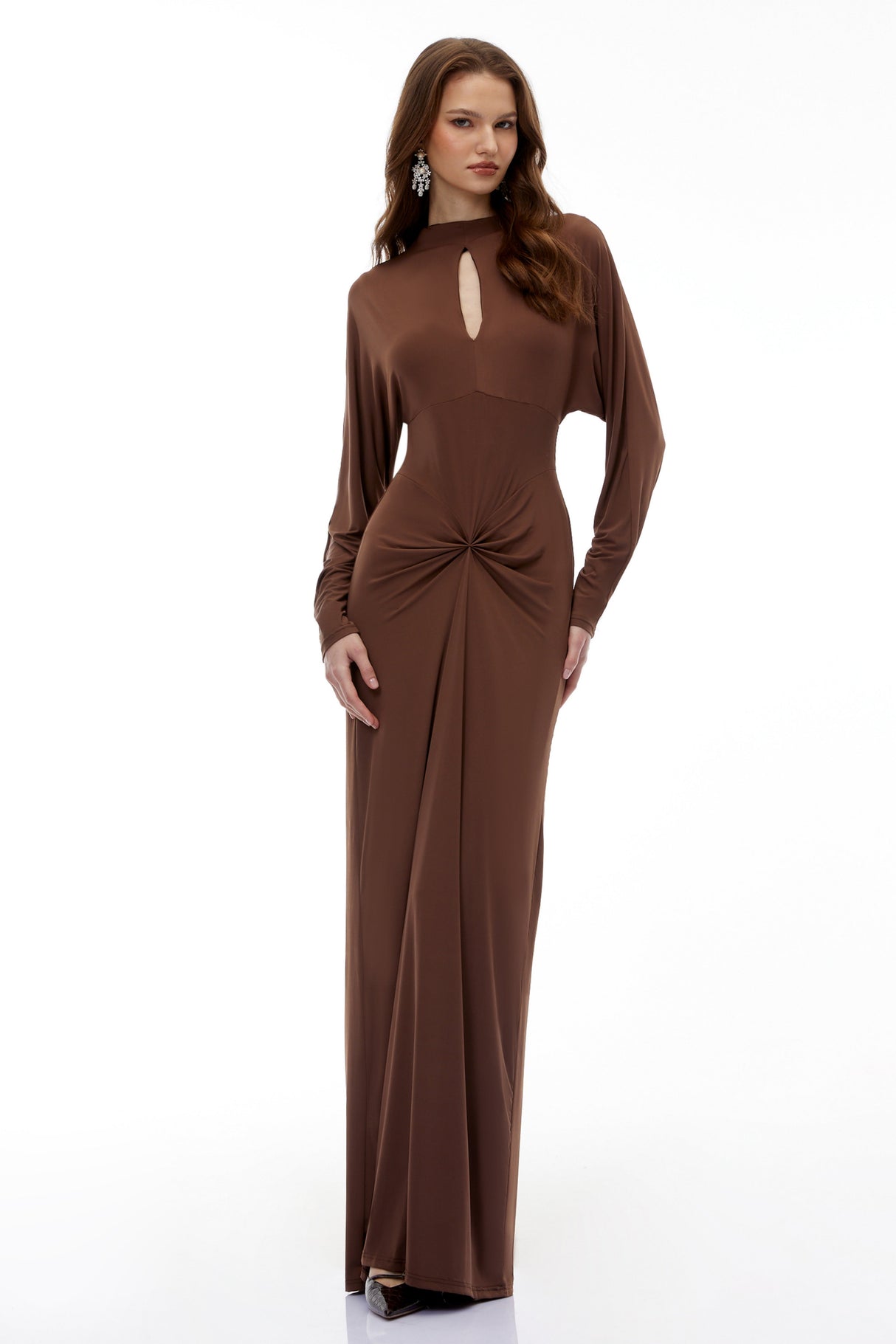Aurohaya Clara Chocolate Brown Keyhole Twist Front Maxi Dress
