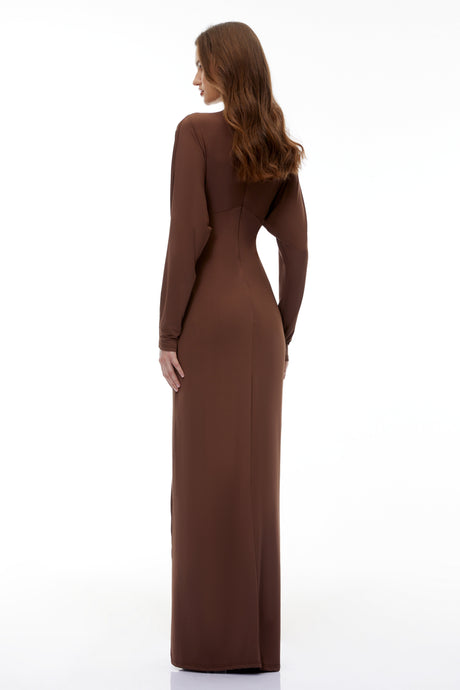 Aurohaya Clara Chocolate Brown Keyhole Twist Front Maxi Dress