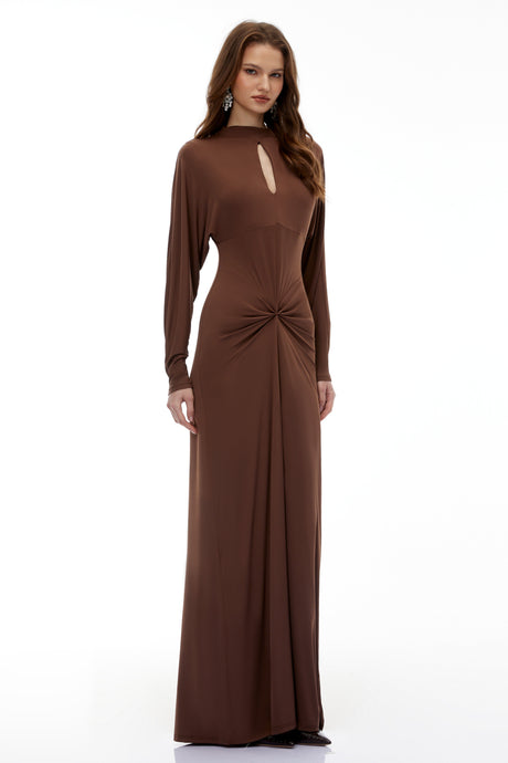 Aurohaya Clara Chocolate Brown Keyhole Twist Front Maxi Dress