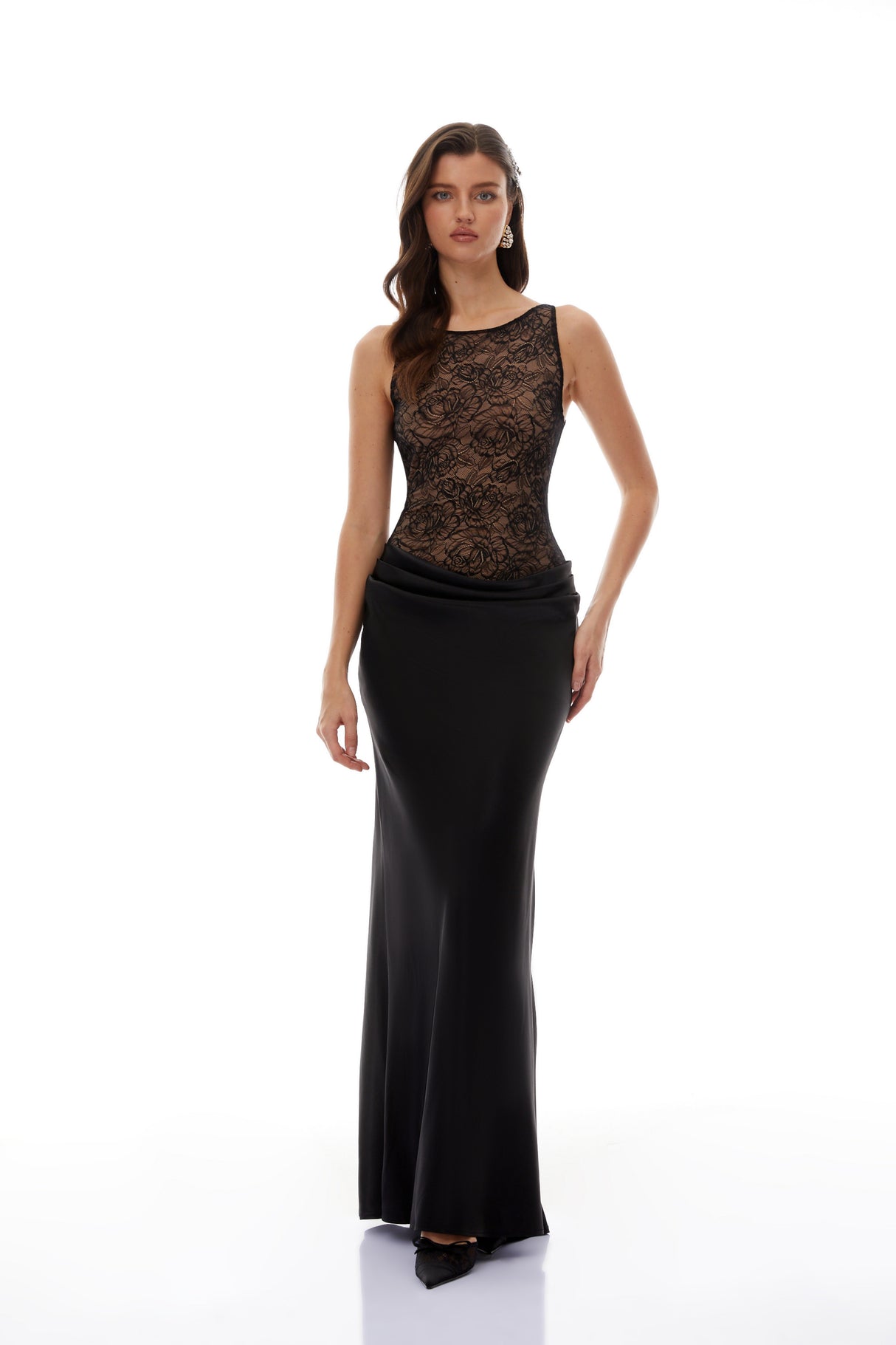 Aurohaya Clementine Black Floral Lace Corset Maxi Dress