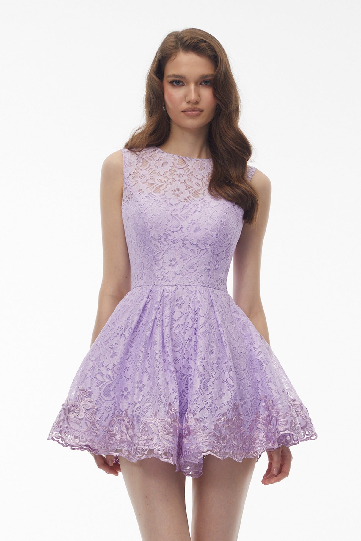 Aurohaya Coatlicue Purple Sleeveless Floral Lace Mini Dress