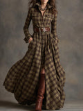 Retro Lapel Plaid Single-Breasted Maxi Dress