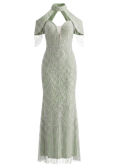 Cold Shoulder Crystal Pearl Maxi Dress Green