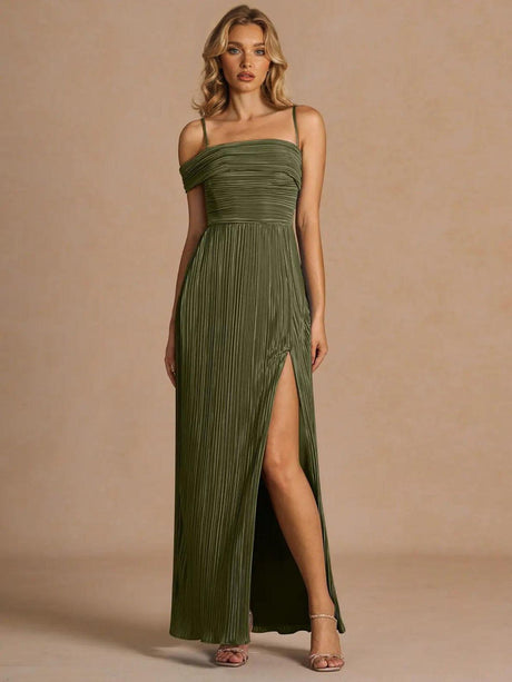 Aurohaya Elegant Off-The-Shoulder Pleated Slit Maxi Dress