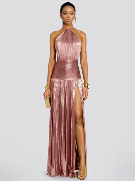 Aurohaya Elegant Metallic Pleated Halter Neck Maxi Dress Pink