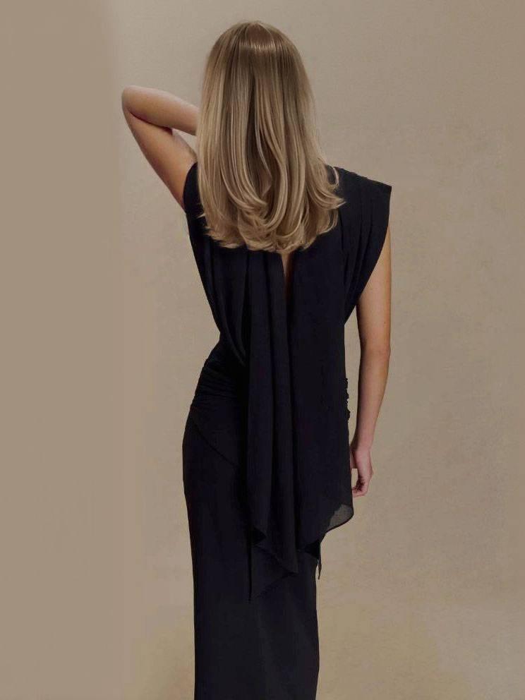 Aurohaya Swing Collar Scarf Pleated Maxi Dress