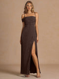 Elegant Off-The-Shoulder Pleated Slit Maxi Dress