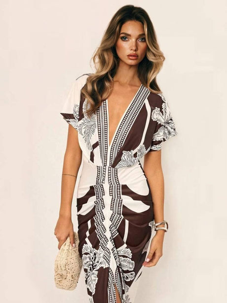 Aurohaya Distinctive Printed V-Neck Midi Dress