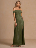 Elegant Off-The-Shoulder Pleated Slit Maxi Dress