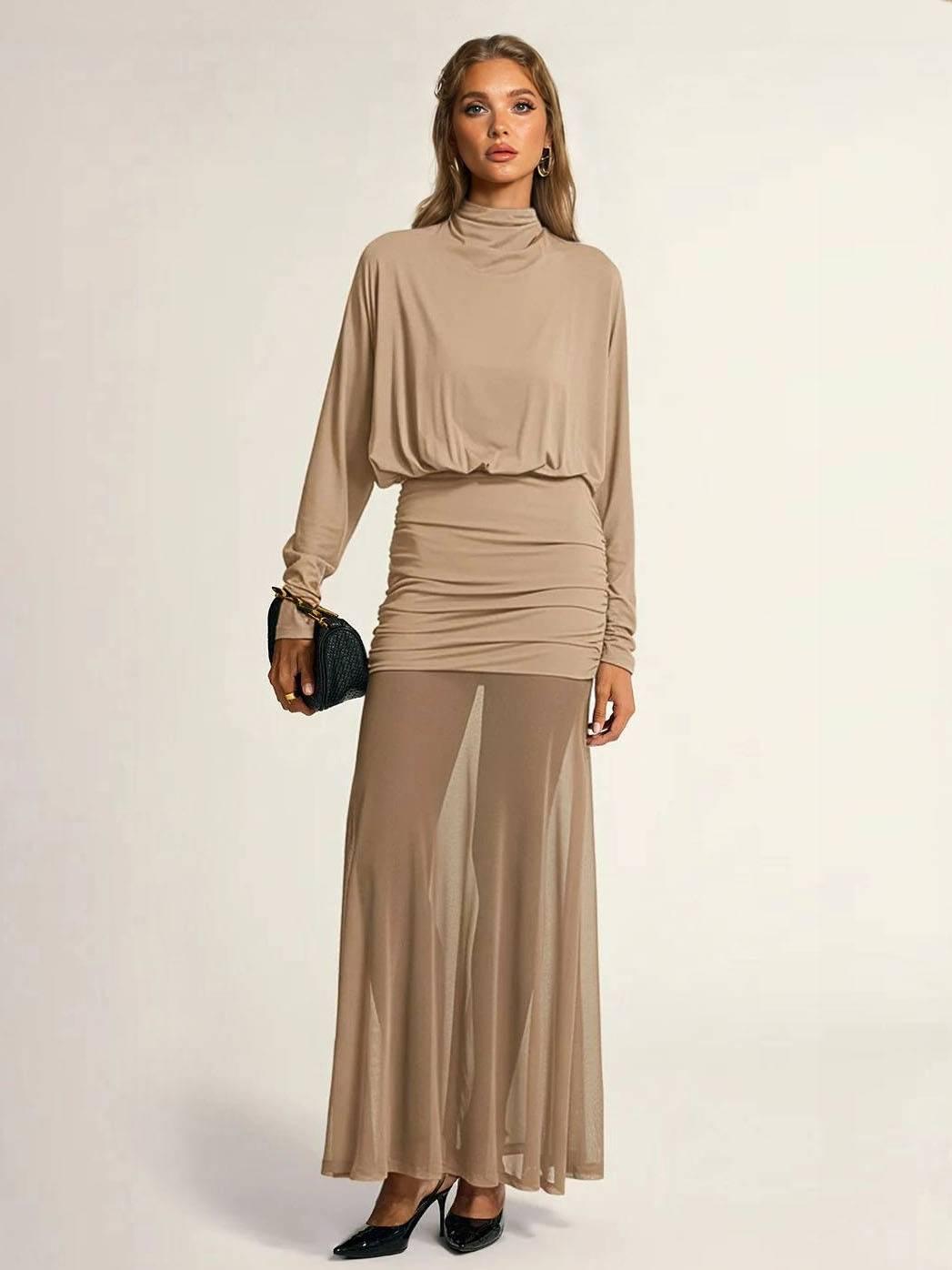 Aurohaya Fake two-piece hip-wrapped Tulle Splicing Maxi Dress Khaki