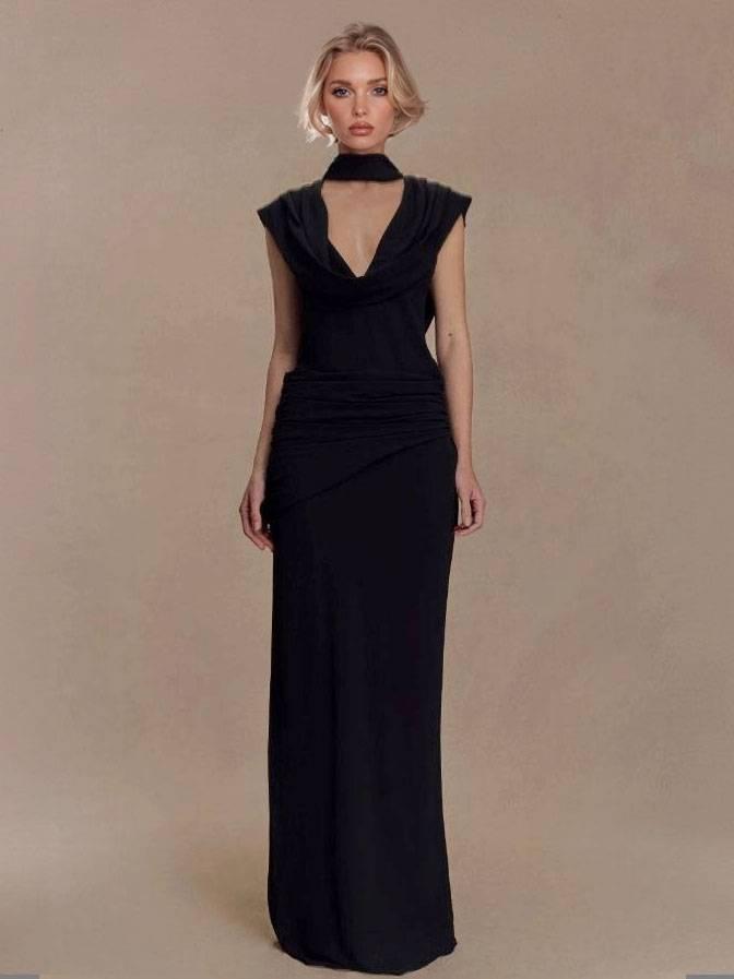 Aurohaya Swing Collar Scarf Pleated Maxi Dress Black