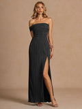 Elegant Off-The-Shoulder Pleated Slit Maxi Dress