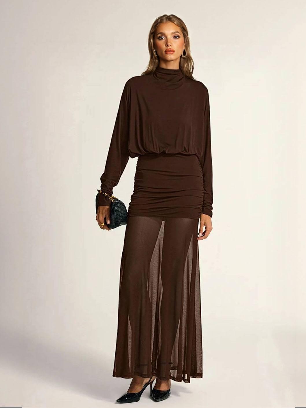 Aurohaya Fake two-piece hip-wrapped Tulle Splicing Maxi Dress Brown