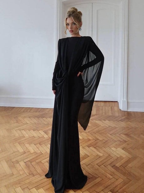 Aurohaya Irregular Ribbon Design Maxi Dress Black