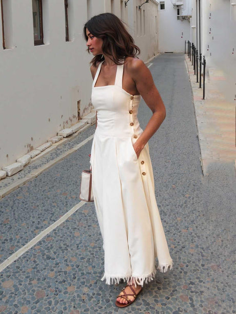 Aurohaya Elegant Square Neck Side Button Sleeveless Maxi Dress