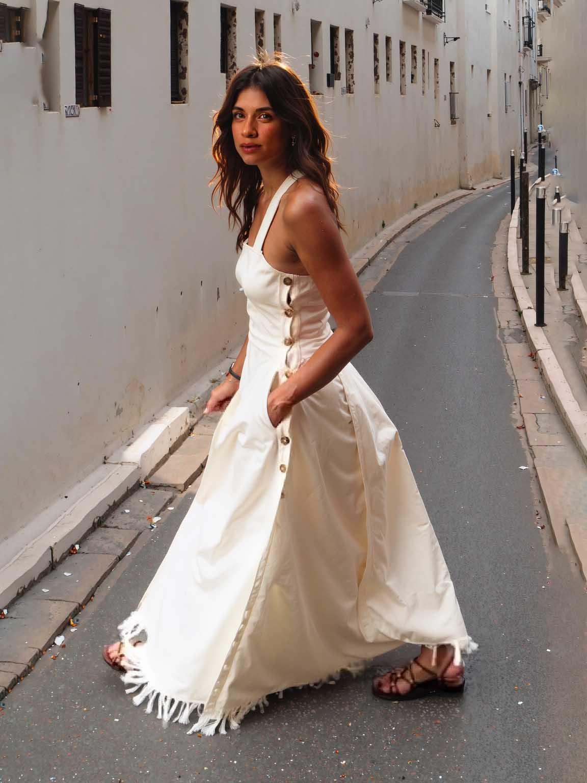 Aurohaya Elegant Square Neck Side Button Sleeveless Maxi Dress
