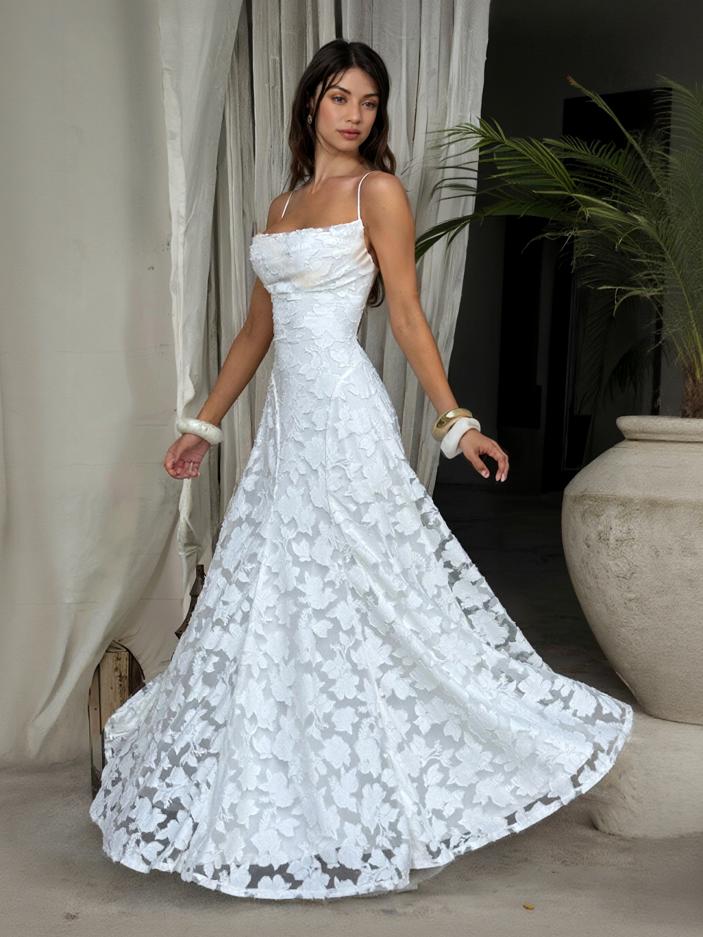 Aurohaya Elegant Floral Lace Spaghetti Strap Maxi Dress