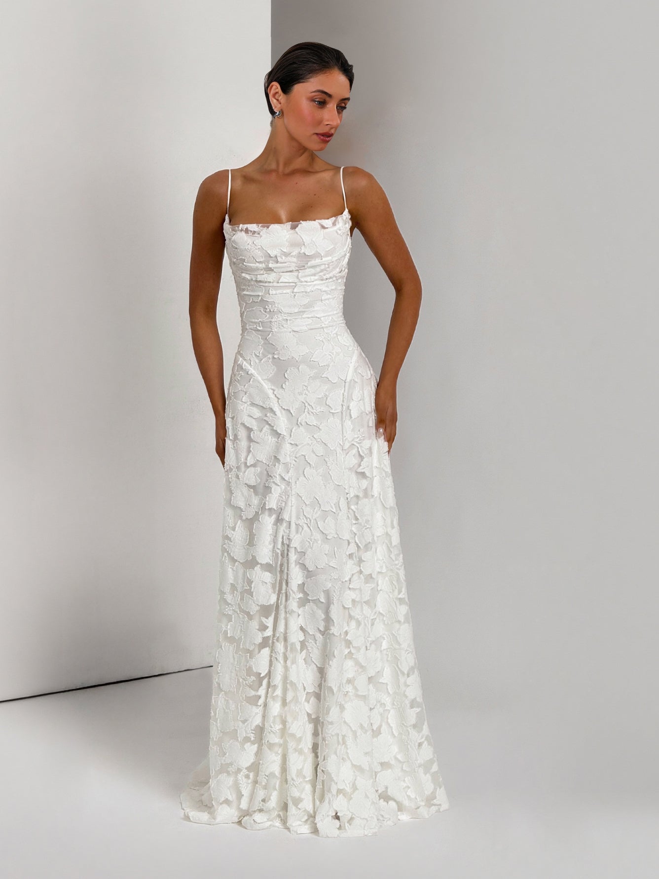 Aurohaya Elegant Floral Lace Spaghetti Strap Maxi Dress