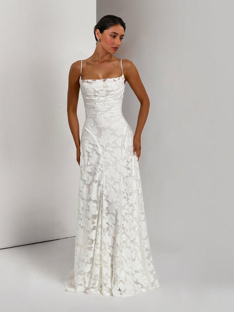 Aurohaya Elegant Floral Lace Spaghetti Strap Maxi Dress