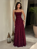 Aurohaya Elegant Floral Lace Spaghetti Strap Maxi Dress Red