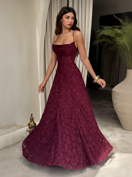 Aurohaya Elegant Floral Lace Spaghetti Strap Maxi Dress