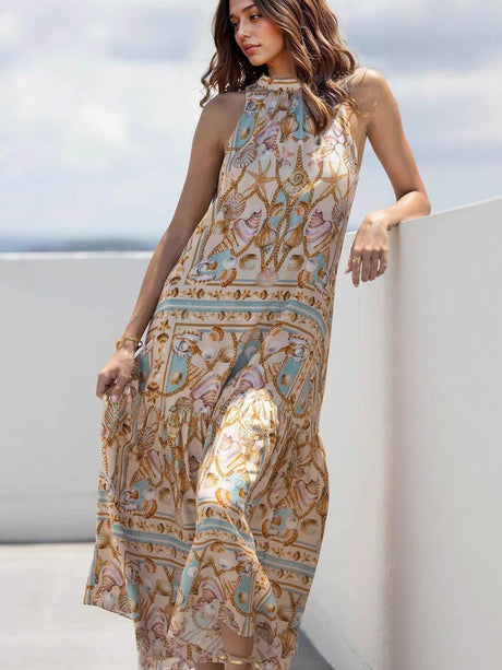 Aurohaya Exquisite Satin Ocean Treasure Print Maxi Dress Apricot