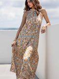 Exquisite Satin Ocean Treasure Print Maxi Dress