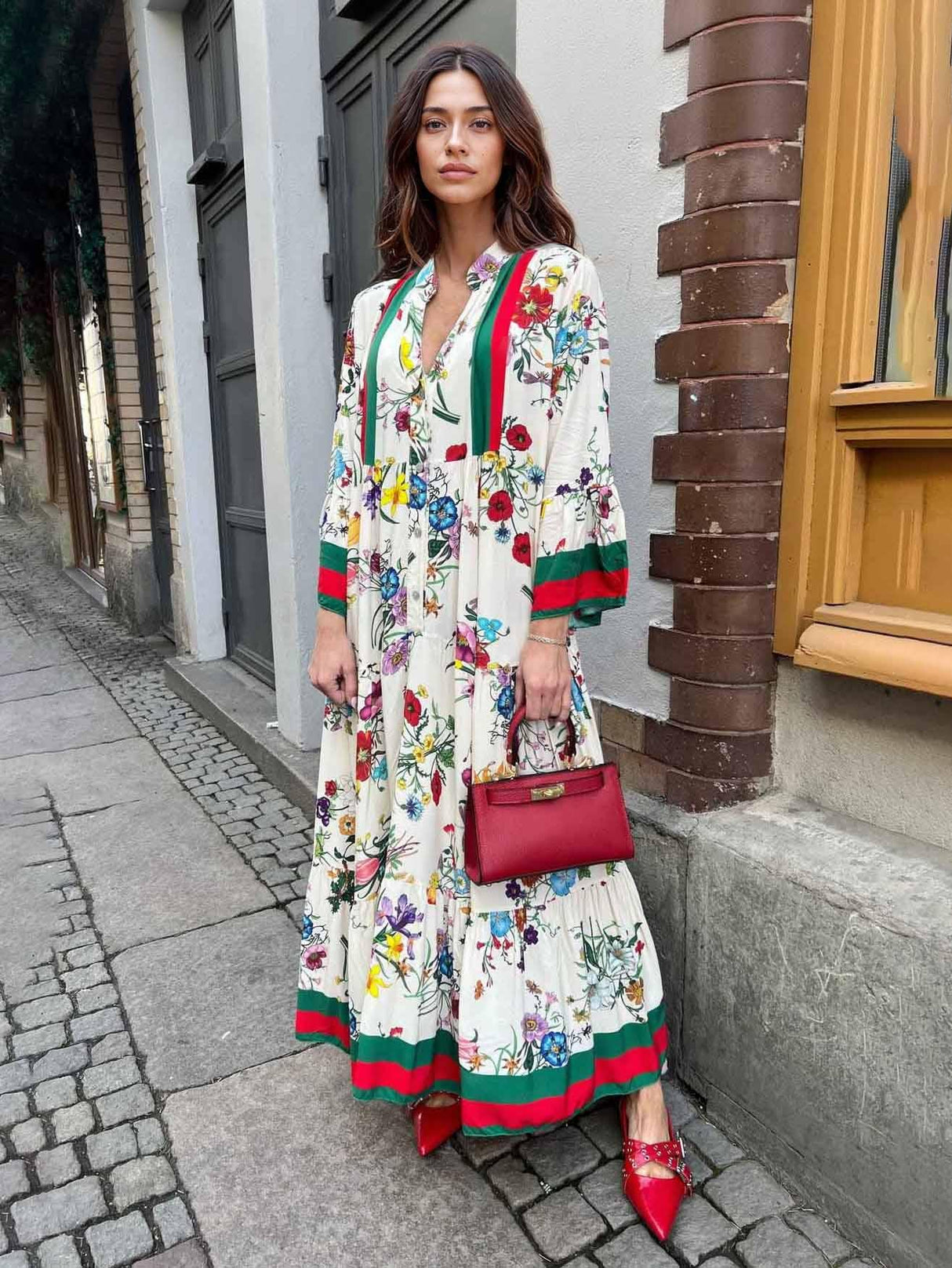 Aurohaya Resort Floral Print Bell Sleeve Maxi Dress Red