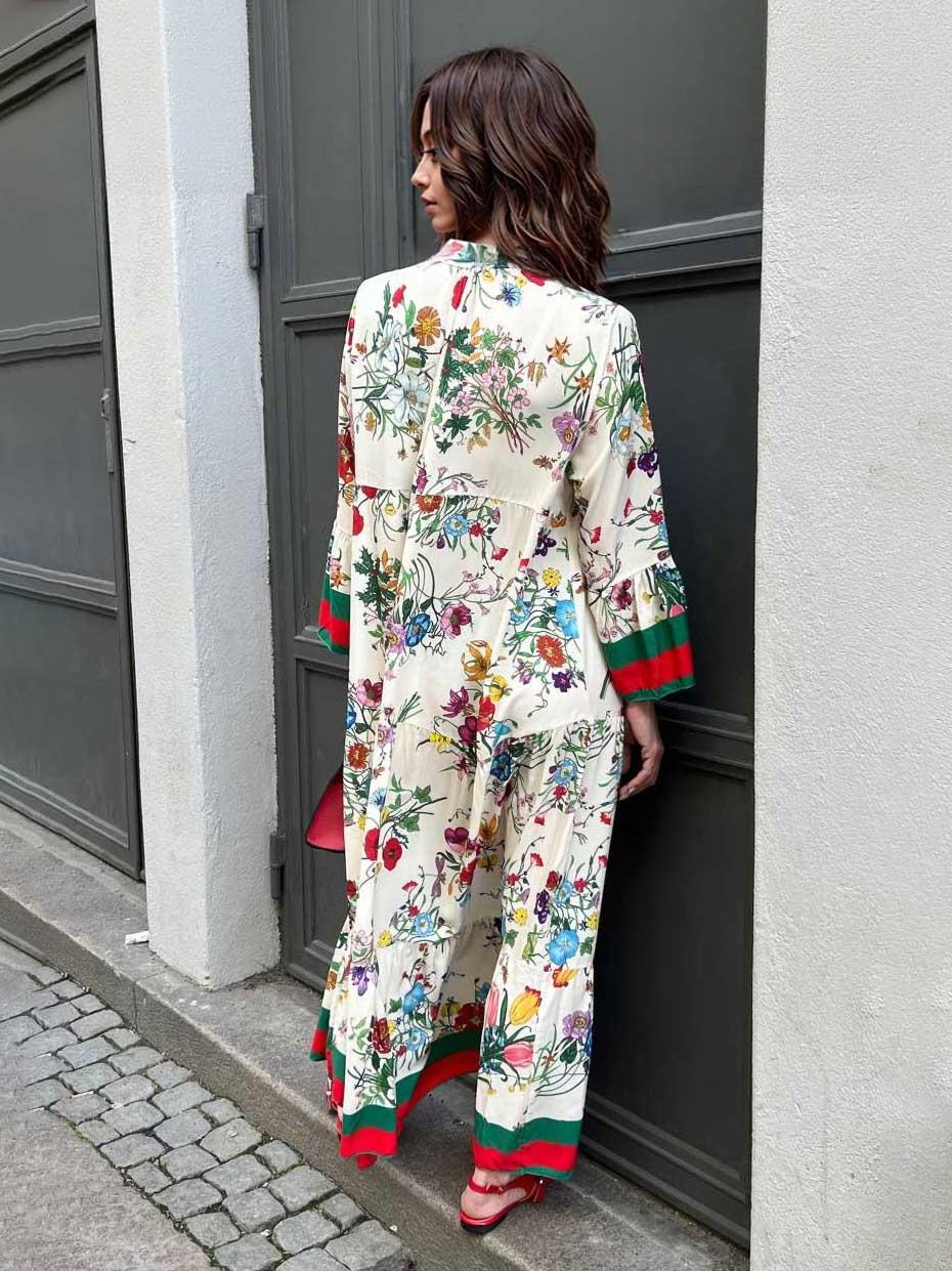 Aurohaya Resort Floral Print Bell Sleeve Maxi Dress