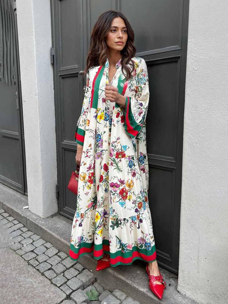 Aurohaya Resort Floral Print Bell Sleeve Maxi Dress