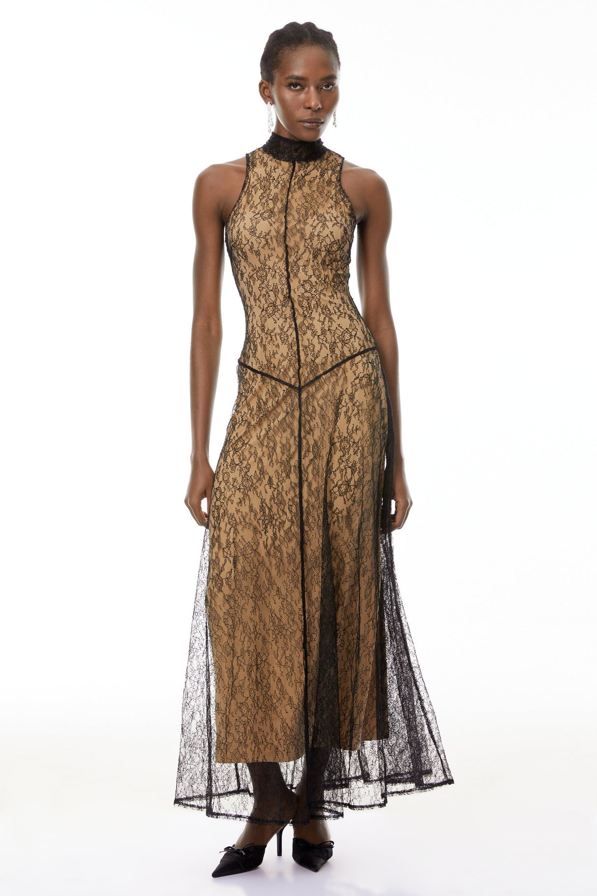 Aurohaya Cosmina Black Halterneck Floral Lace Maxi Dress